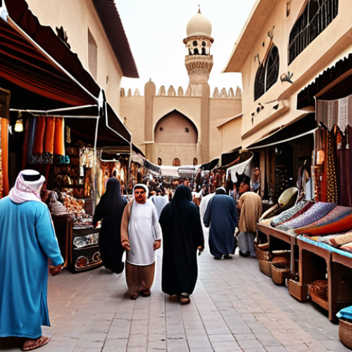 ** A bustling traditional Arabic marketplace (souk) filled with vibrant colors, fabrics, and people bargaining. Focus on the rich details of the architecture and the diverse array of goods.

**