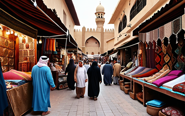 ** A bustling traditional Arabic marketplace (souk) filled with vibrant colors, fabrics, and people bargaining. Focus on the rich details of the architecture and the diverse array of goods.
**