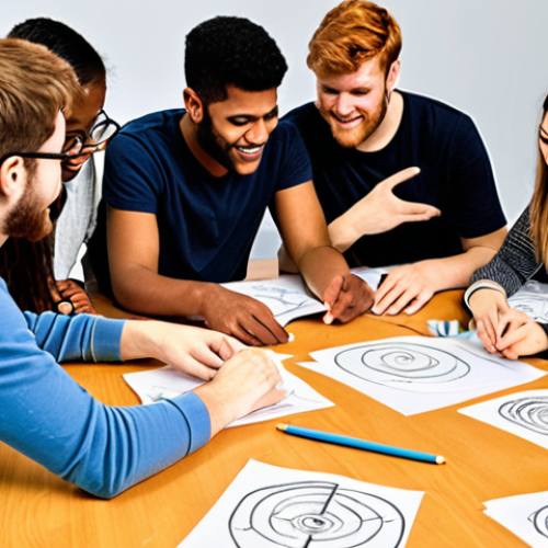 **Image:** A diverse group of students collaborating enthusiastically around a table covered with prototypes, sketches, and sticky notes. The atmosphere is energetic and supportive, emphasizing teamwork and idea sharing in a design thinking workshop.