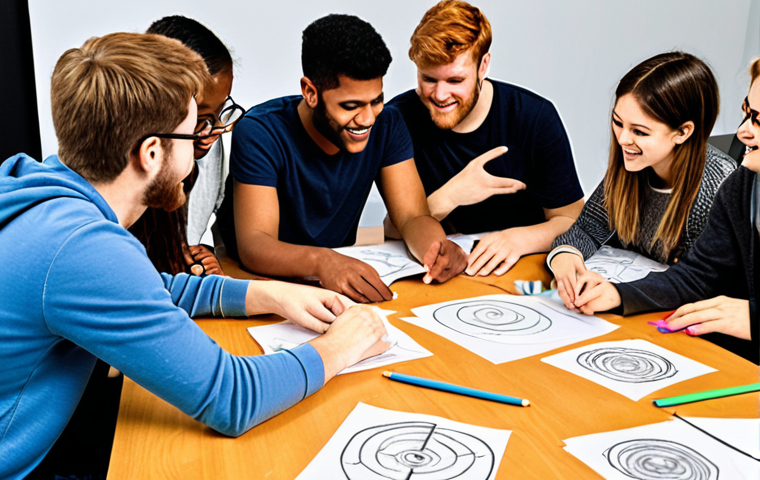 **Image:** A diverse group of students collaborating enthusiastically around a table covered with prototypes, sketches, and sticky notes. The atmosphere is energetic and supportive, emphasizing teamwork and idea sharing in a design thinking workshop.