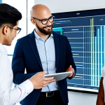 A diverse group of professional designers and data analysts, fully clothed in modern business attire, collaborating in a sleek, contemporary office. One person is pointing at a holographic display showing data visualizations and AI sentiment analysis charts, while another reviews user feedback on a tablet. The scene emphasizes the fusion of technology and human insight in design evaluation. Soft, natural lighting. Professional photography, high resolution, perfect anatomy, correct proportions, well-formed hands, natural pose, appropriate attire, modest clothing, safe for work, family-friendly content.