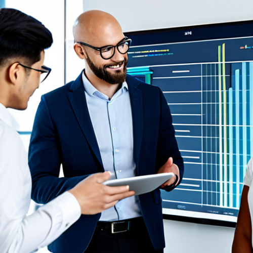 A diverse group of professional designers and data analysts, fully clothed in modern business attire, collaborating in a sleek, contemporary office. One person is pointing at a holographic display showing data visualizations and AI sentiment analysis charts, while another reviews user feedback on a tablet. The scene emphasizes the fusion of technology and human insight in design evaluation. Soft, natural lighting. Professional photography, high resolution, perfect anatomy, correct proportions, well-formed hands, natural pose, appropriate attire, modest clothing, safe for work, family-friendly content.