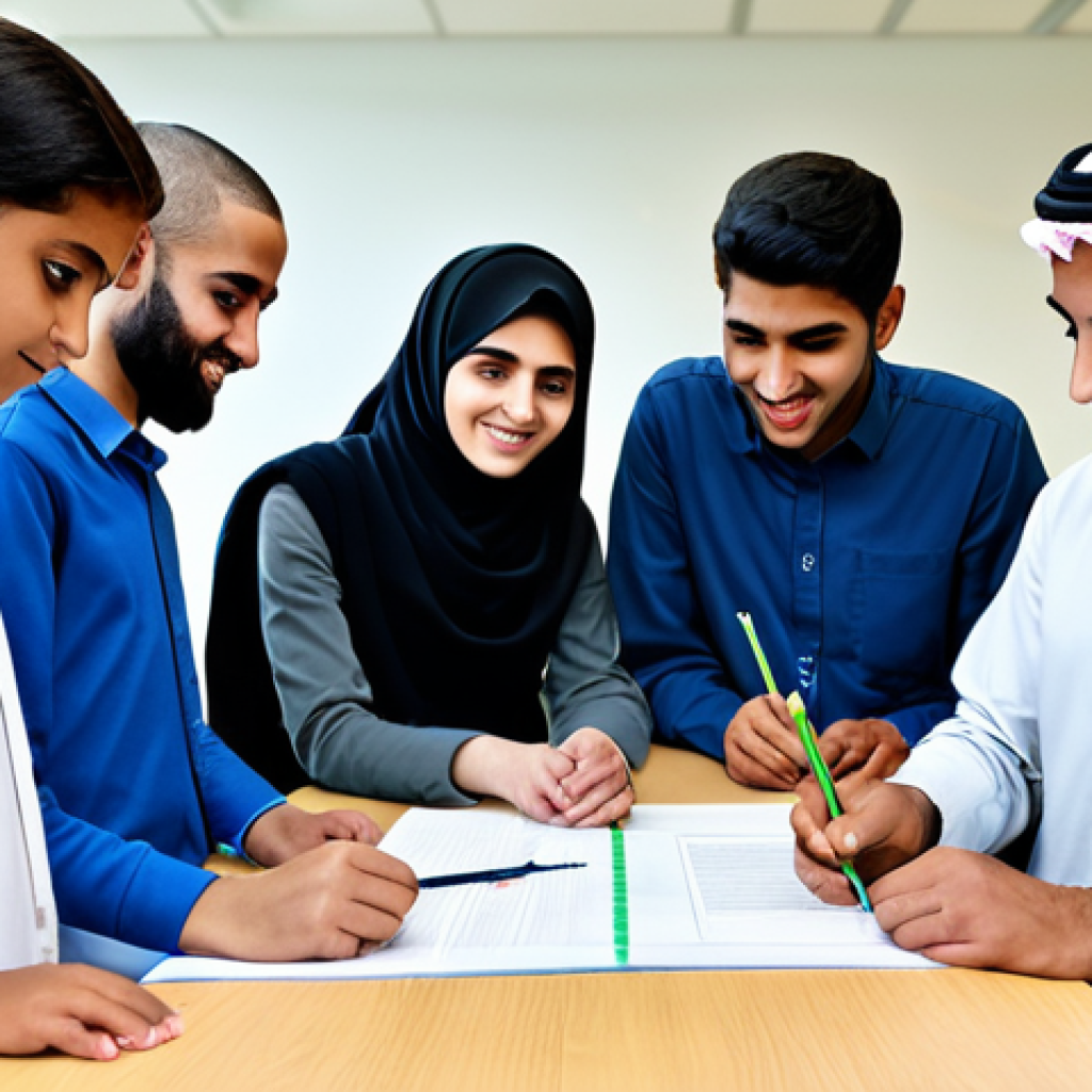 ** "A diverse group of fully clothed students in a modern Arabic school, working collaboratively on a STEM project, safe for work, appropriate content, perfect anatomy, natural proportions, modest clothing, professional educational illustration, high quality, family-friendly." **