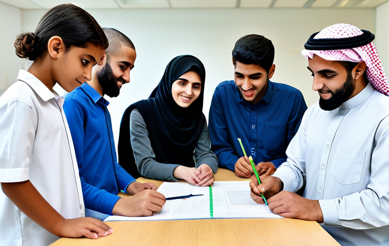 ** "A diverse group of fully clothed students in a modern Arabic school, working collaboratively on a STEM project, safe for work, appropriate content, perfect anatomy, natural proportions, modest clothing, professional educational illustration, high quality, family-friendly." **