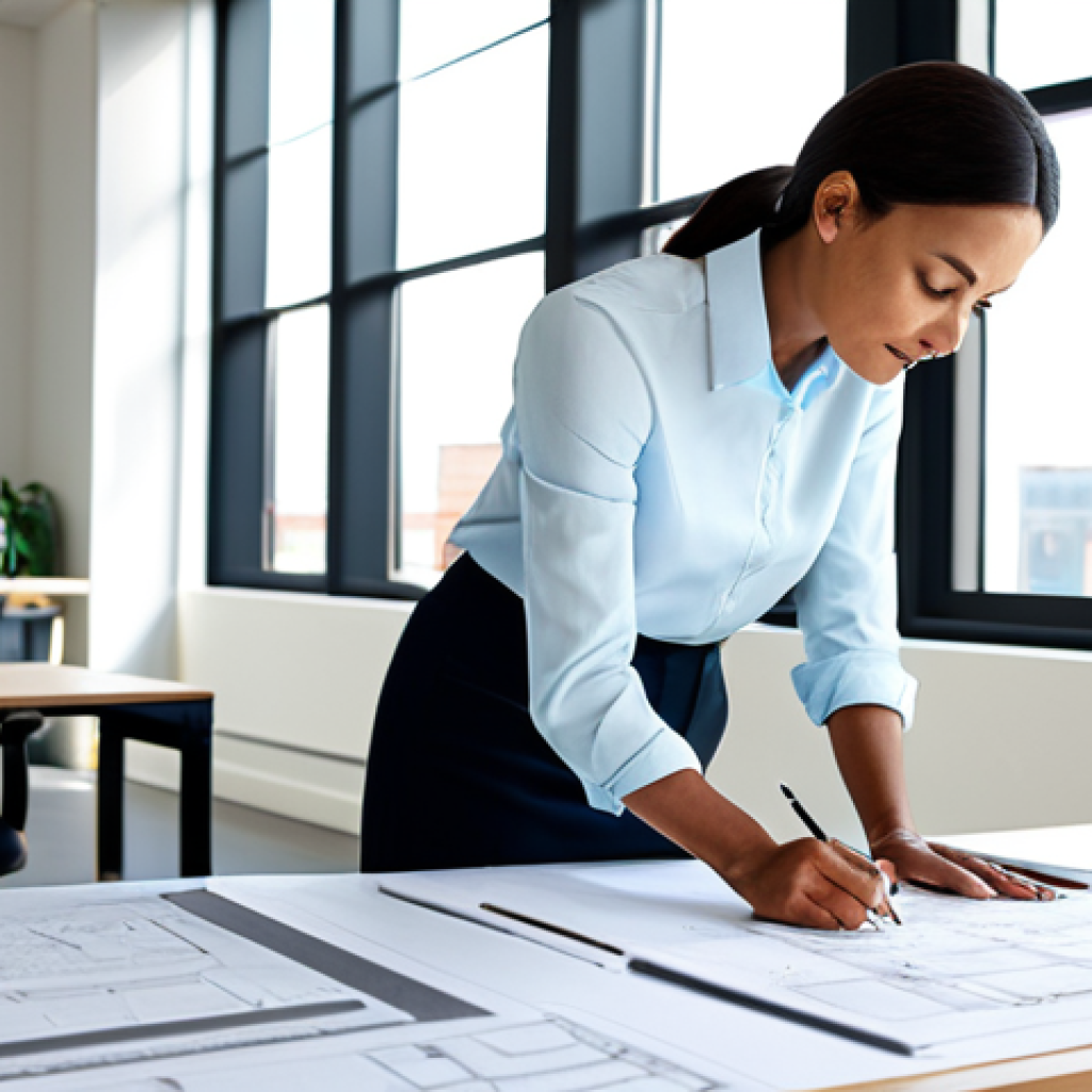 ** "A professional female architect in a modern, sunlit office, reviewing blueprints with a colleague. She is wearing a fully clothed, modest business casual outfit – a blouse and slacks. The office features clean lines, large windows, and architectural models in the background. Safe for work, appropriate content, perfect anatomy, natural proportions, professional setting, well-formed hands, proper finger count." **