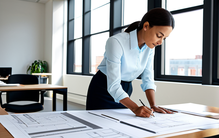 ** "A professional female architect in a modern, sunlit office, reviewing blueprints with a colleague. She is wearing a fully clothed, modest business casual outfit – a blouse and slacks. The office features clean lines, large windows, and architectural models in the background. Safe for work, appropriate content, perfect anatomy, natural proportions, professional setting, well-formed hands, proper finger count." **