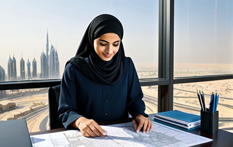 디자인 사고의 글로벌 스탠다드 - Modern Arab Architect** "A professional Arab architect, wearing modest business attire, reviewing b...