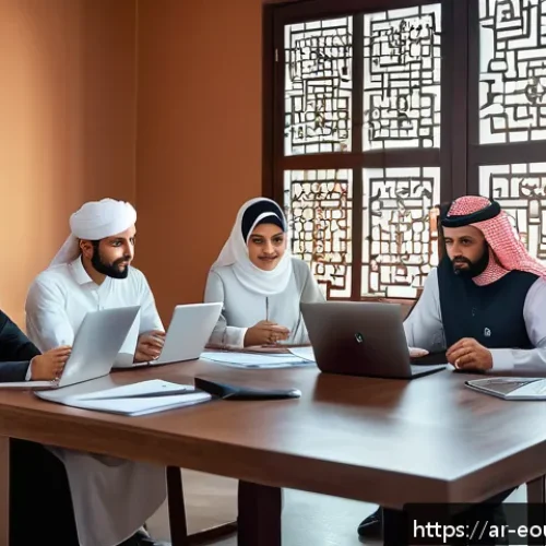 Home 24 디자인 사고 프로세스의 각 단계 설명 - A modern office scene in a Middle Eastern setting showing a diverse team of Arab professionals deepl...
