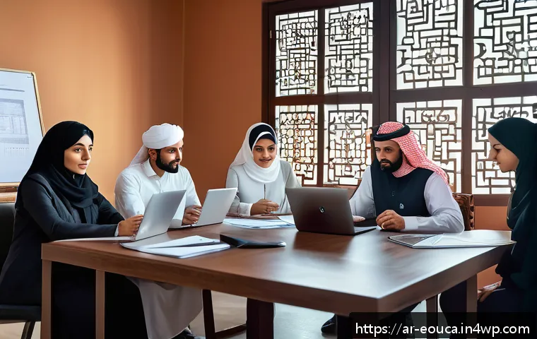 디자인 사고 프로세스의 각 단계 설명 - A modern office scene in a Middle Eastern setting showing a diverse team of Arab professionals deepl...