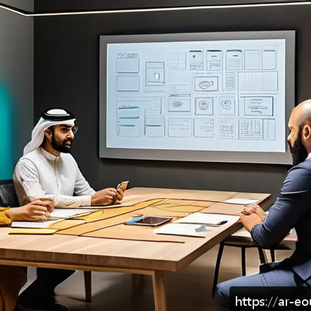 디자인 사고 교육에서의 피드백의 중요성 - A modern Arab office environment featuring a diverse team of designers and users engaged in a dynami...