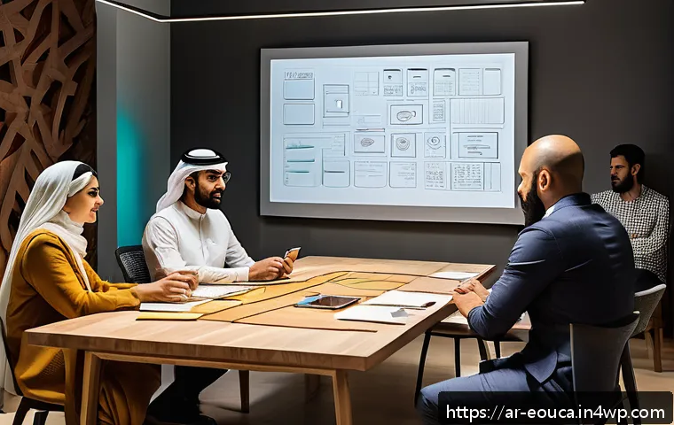 디자인 사고 교육에서의 피드백의 중요성 - A modern Arab office environment featuring a diverse team of designers and users engaged in a dynami...