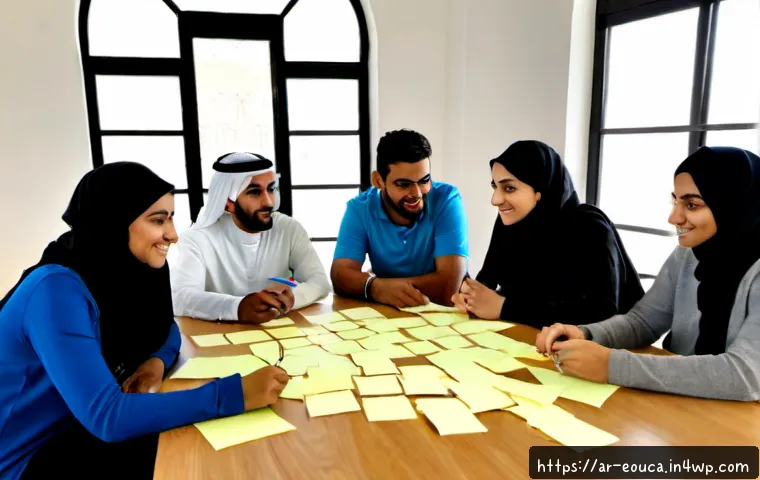 디자인 사고 교육을 위한 실습 자료 - Photorealistic design thinking workshop in a modern Gulf-region university classroom, diverse Arab a...